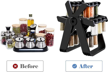 رف توابل دوار بسعة 18 برطمانًا - منظم مطبخ بزاوية 360 درجة مع برطمانات شفافة قابلة لإعادة التعبئة