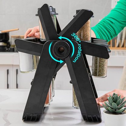 رف توابل دوار بسعة 18 برطمانًا - منظم مطبخ بزاوية 360 درجة مع برطمانات شفافة قابلة لإعادة التعبئة