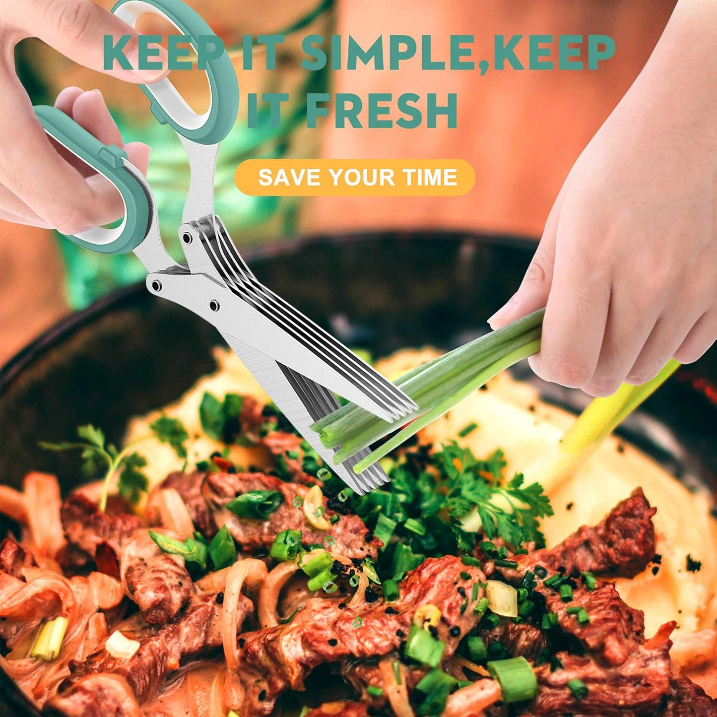 مقص أعشاب بخمس شفرات | قطاعة أعشاب مطبخ من الفولاذ المقاوم للصدأ لتقطيع سريع ومتساوي