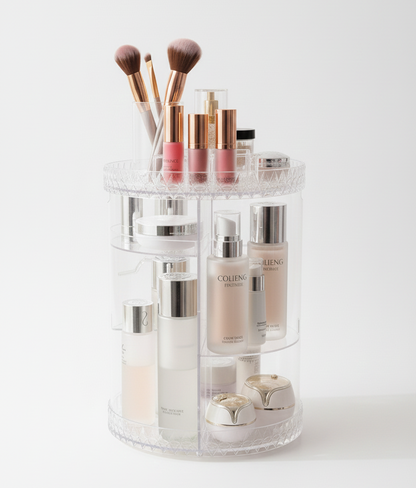 Clear makeup organizer with cosmetic products and brushes on a white background