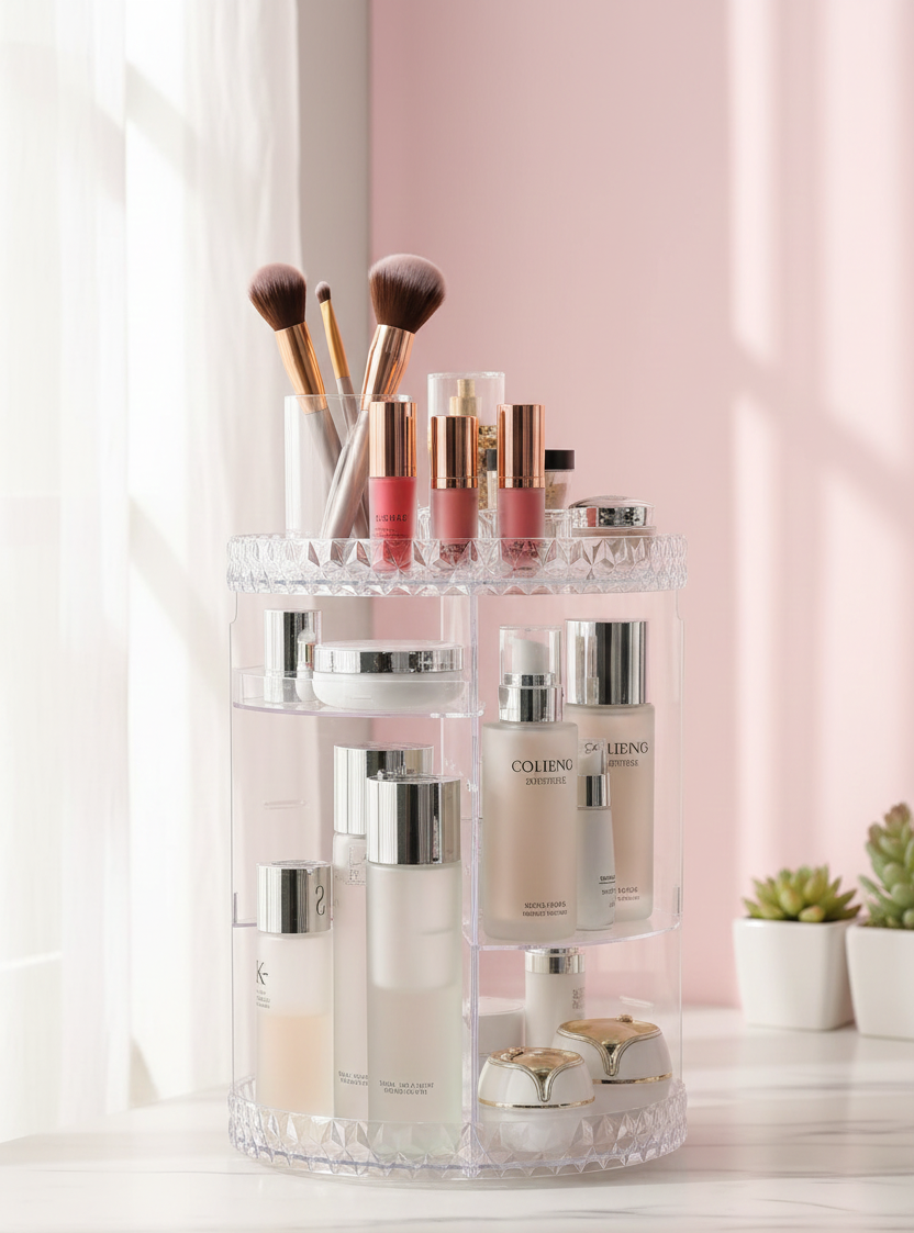 Makeup and skincare products on a clear acrylic stand against a pink wall.