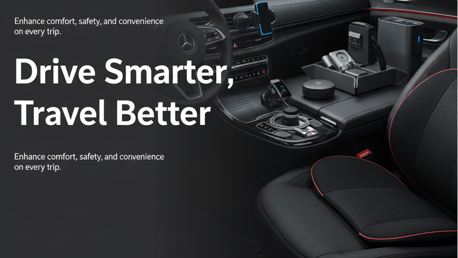 Car interior with dashboard and steering wheel, featuring text 'Drive Smarter, Travel Better'.