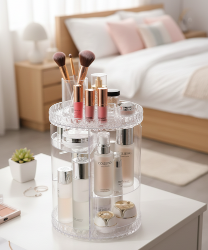 Clear makeup organizer with cosmetic products on a nightstand in a bedroom setting.
