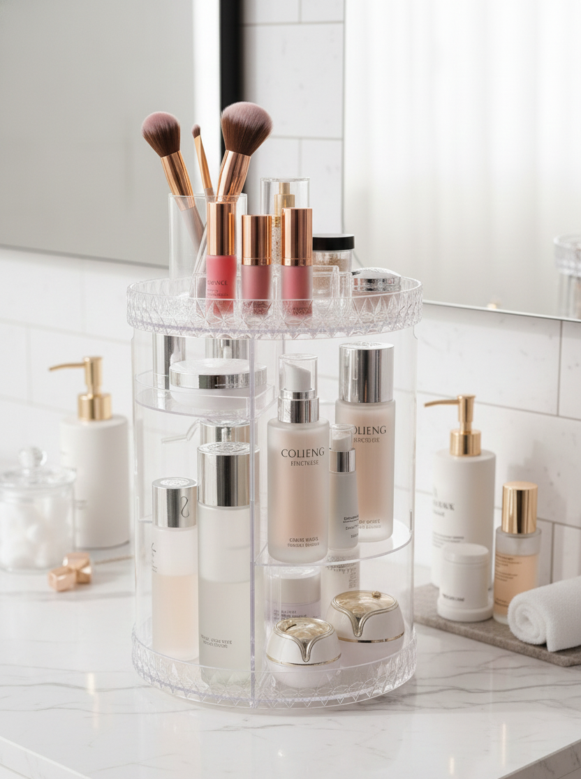 Clear acrylic cosmetic organizer with skincare products and makeup brushes on a bathroom counter.