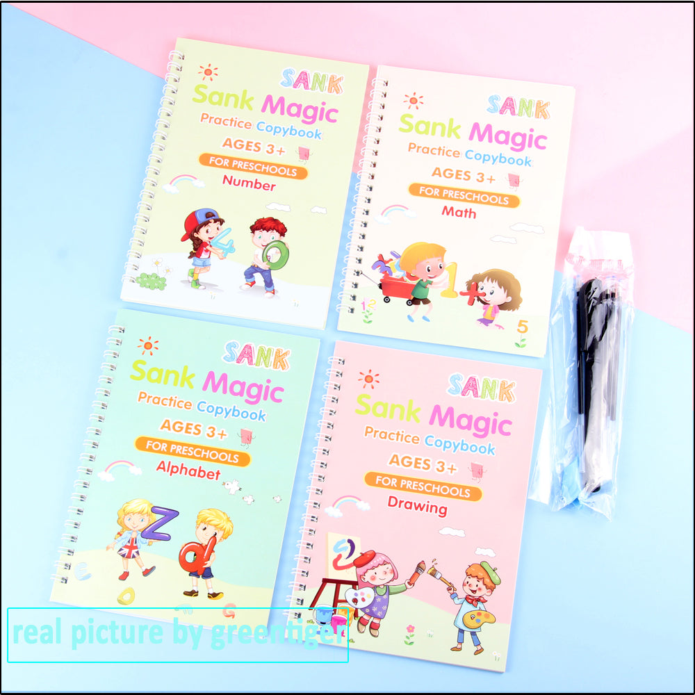Four colorful children's activity books titled 'Number', 'Math', 'Alphabet', and 'Drawing' on a pastel background.